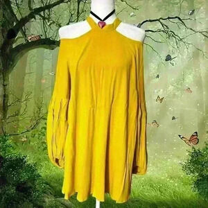 Free  People Drift Away Yellow Cold Shoulder Mini Dress Size L